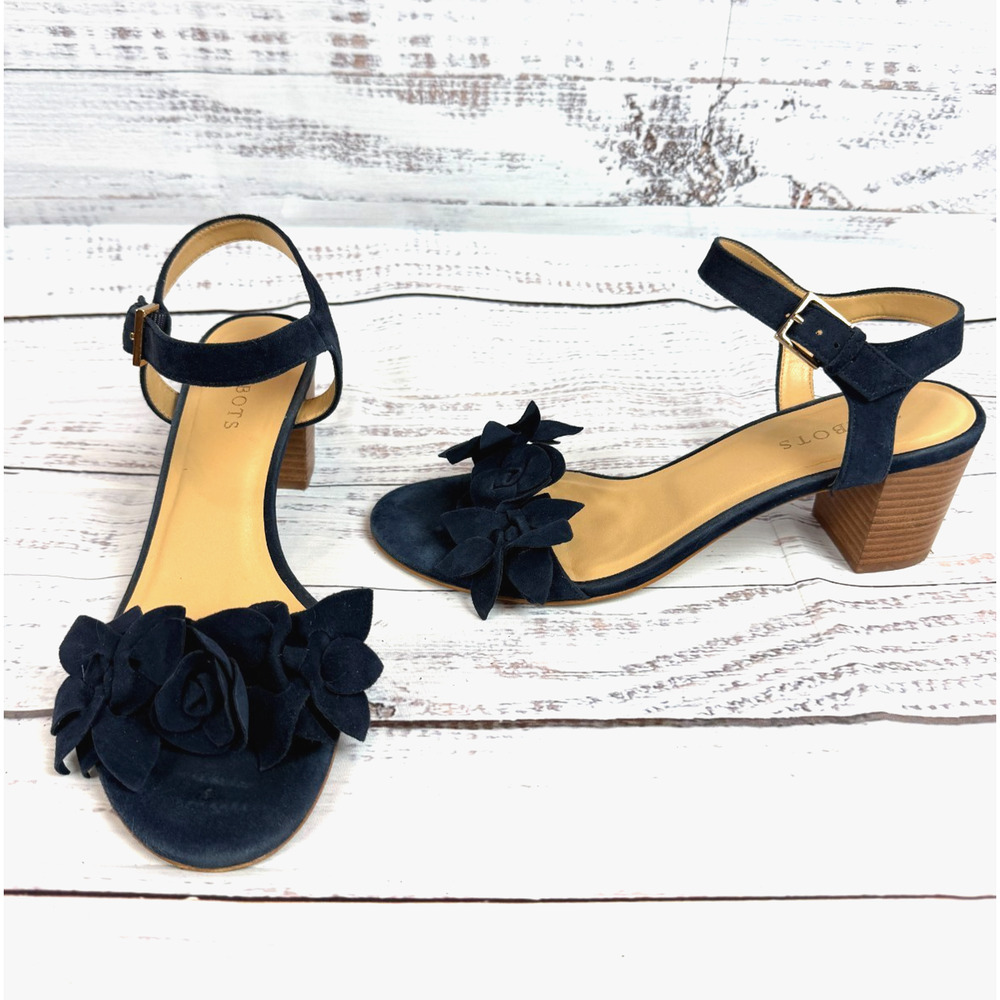 TALBOTS Trisha dark blue suede ankle floral front straps block heel sandals 9.5M